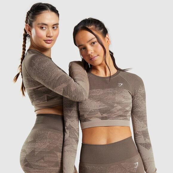 Gymshark Adapt Ombre Lifting Crop Top Long Sleeve Brown geometric Print Womens S - Picture 3 of 16